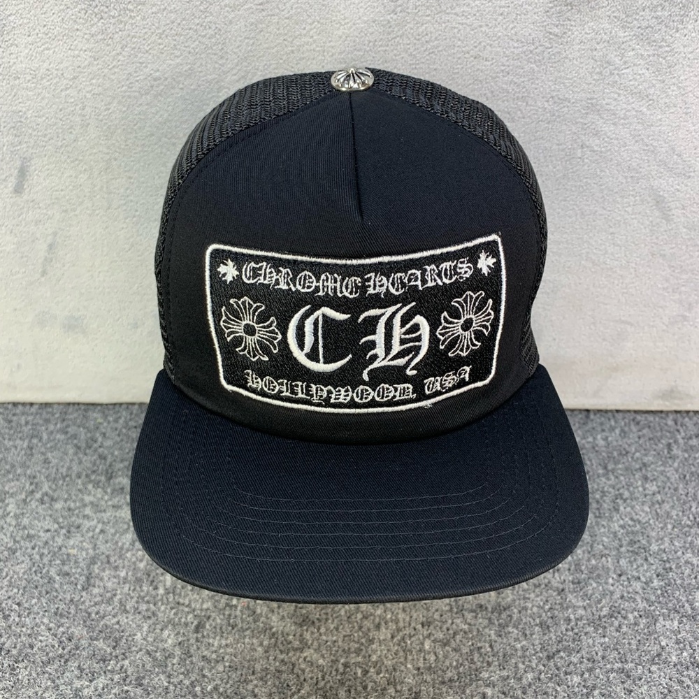 Chrome Hearts Black Hat with White Embroidered Patch